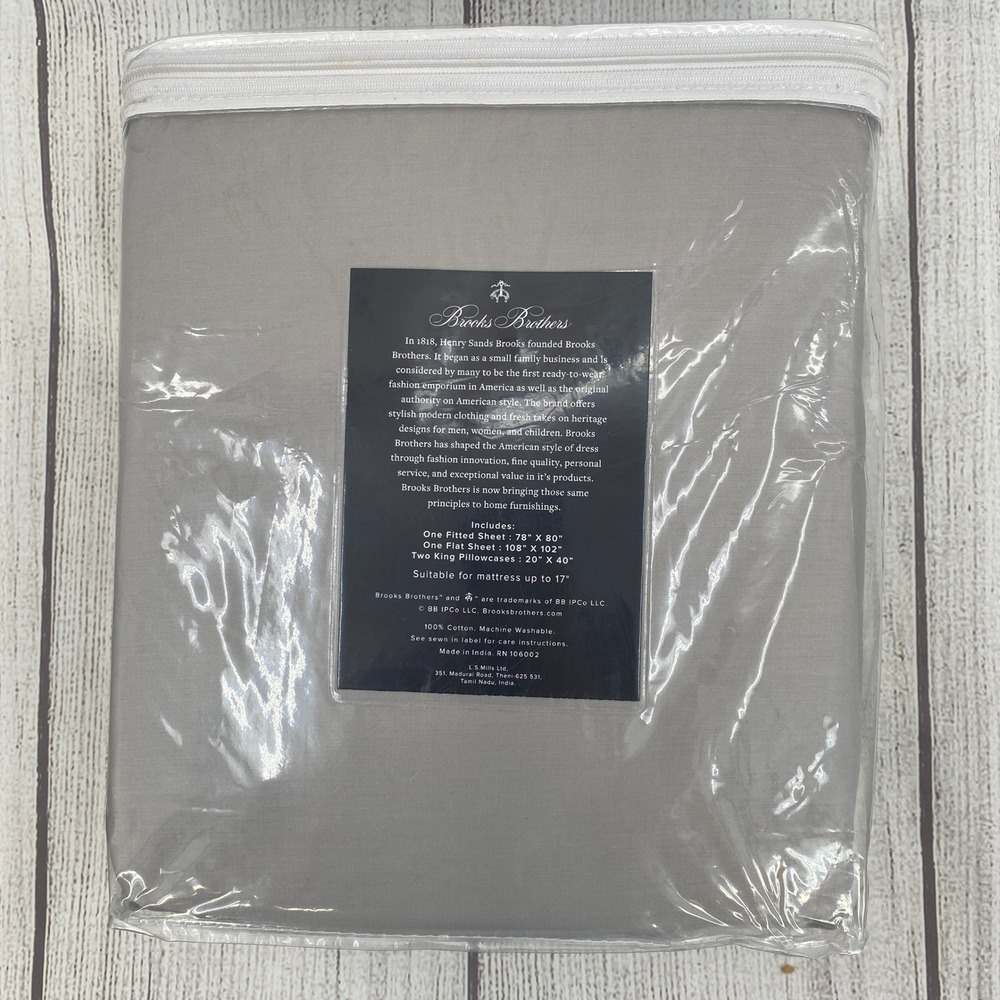Brooks Brothers Sheet Set King Gray 700 Thread Count 100% Cotton 4pc Deep Pocket